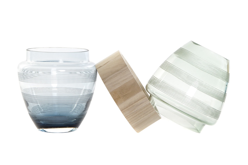 DECO JV-174996 VASE VERRE BOIS 18X18X36 BLEU MARINE