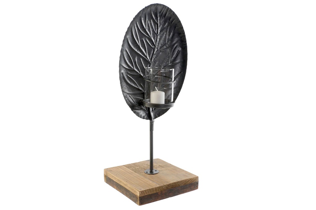 DECO PV-177471 BOUGEOIR METAL BOIS 20X20X51 FEUILLE NOIR