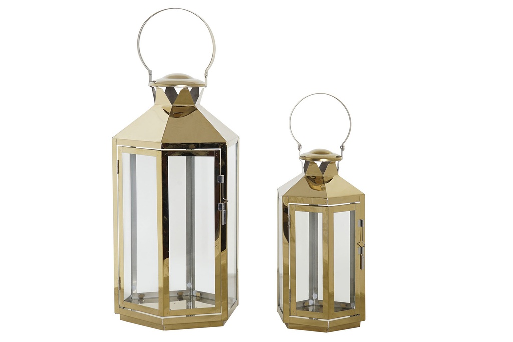 DECO FA-188910 LANTERNE SET 2 ACIER VERRE 24X21X46 DORE