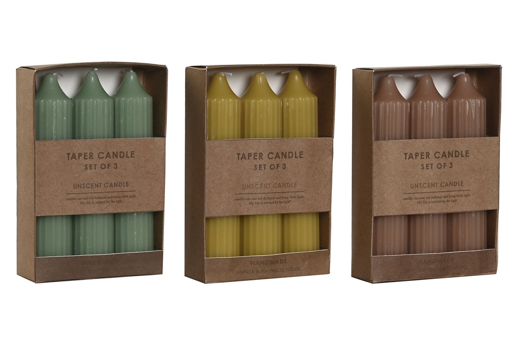 DECO VE-209679 BOUGIE SET 3 CIRE CARTON 3X3X15 100 GR, 3 MOD.