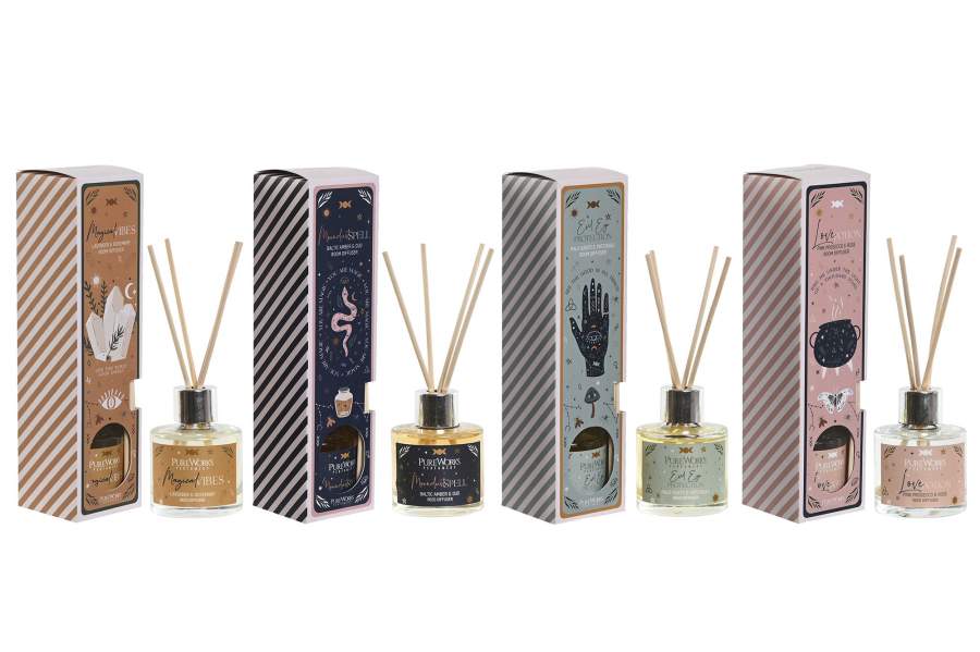 DECO DA-212908 PARFUM D'AMBIANCE MIKADO VERRE 5X5X25 50 ML, 4 MOD.