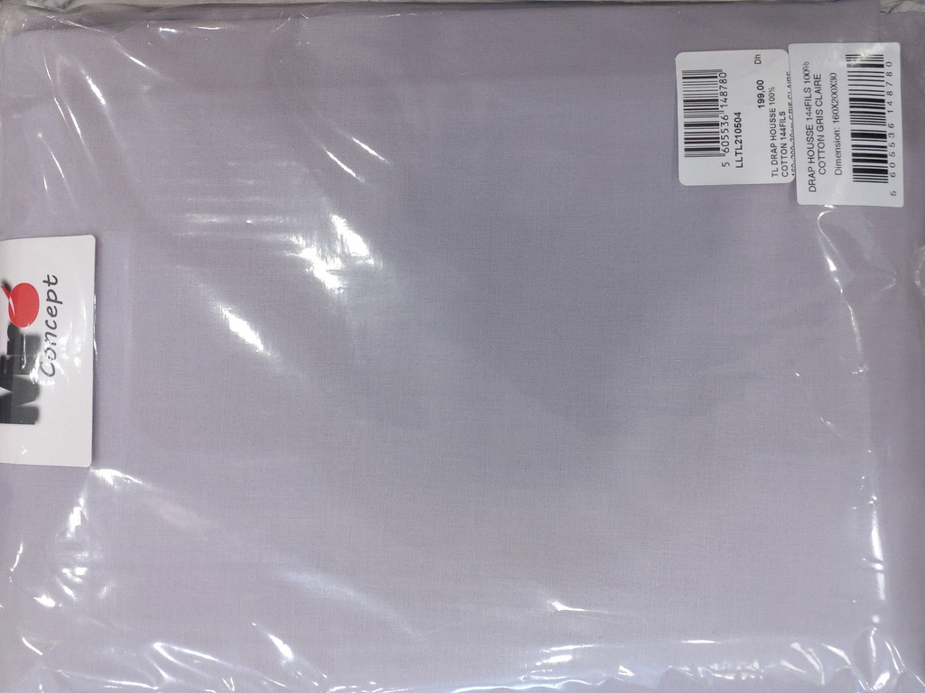 LL TL DRAP HOUSSE 100% COTTON 144FILS 160x200x30cm GRIS CLAIRE