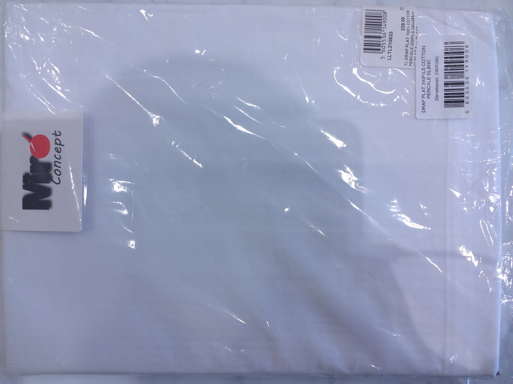 LL TL DRAP PLAT 100% COTTON PERCALE 200FILS 240x285cm OURLET 5cm BLANC