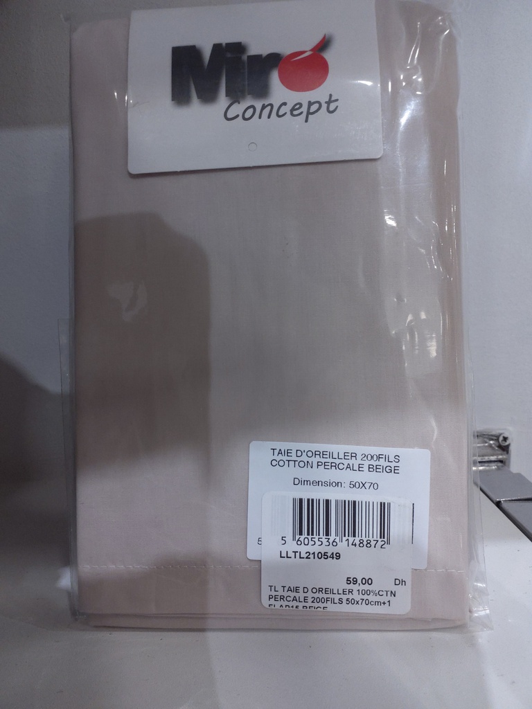 LL TL TAIE D'OREILLER 100%CTN PERCALE 200FILS 50x70cm+1 FLAP15 BEIGE