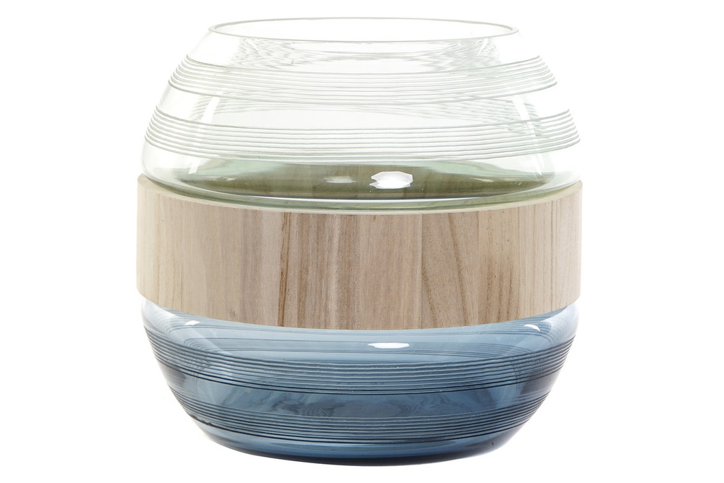 DECO JV-174997 VASE VERRE BOIS 25X25X22 BLEU MARINE