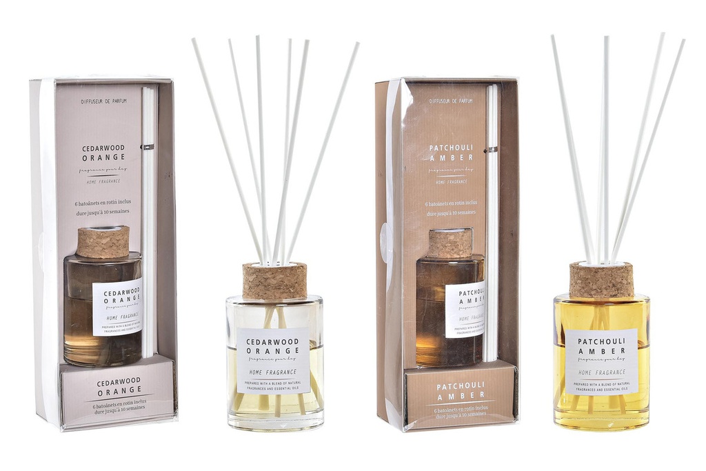 DECO VE-197355 PARFUM D'AMBIANCE MIKADO VERRE 9,5X6,5X26 80 ML, 2 MOD.