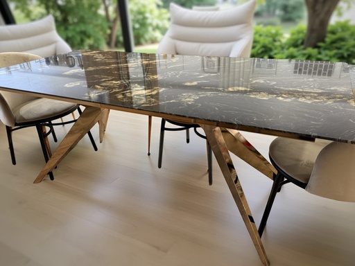[DEAT250320] DECO AT TABLE A MANGER METAL CUIVRE MARBRE MARRON  200x100X75cm