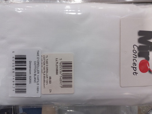 [LLTL210558] LL TL TAIE D'OREILLER 100% COTTON 144 FILS 65x65cm+1 FLAP 15 BLANC